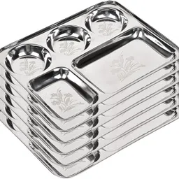 pancraft Stainless Steel Bhojan Thali Set of 6 | 5-in-1 Laser Partition Plate 34.3x26.7cm Tray image 1