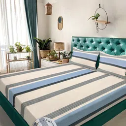 KLOTTHE Cream-Coloured & Blue Striped 300 TC King Bedsheet with 2 Pillow Covers-image-14