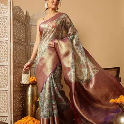 Silk Land Ethnic Motifs Zari Silk Blend Muga Saree image 5