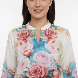 MissKurti Floral Printed Mandarin Collar Linen Top With Palazzos image 2