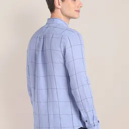 U.S. Polo Assn. Men Slim Fit Button-Down Collar Windowpane Checked Linen Casual Shirt image 2