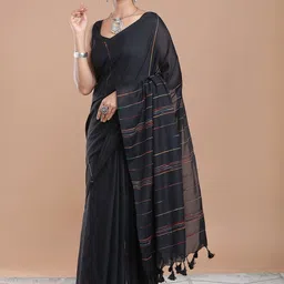 Niska Women Black Pure Cotton Striped Ethnic Sarees-image-70