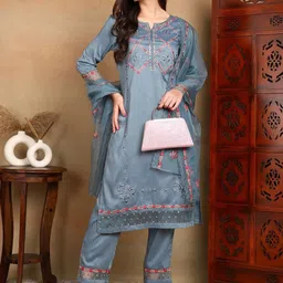 KALINI Women Floral Embroidered Regular Thread Work Kurta with Trousers & With Dupatta-picture-29