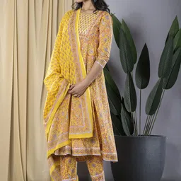 KALINI Women Floral Printed Regular Pure Cotton Kurta with Trousers & With Dupatta image 2