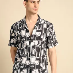 Voroxy Men Smart Cuban Collar Abstract Printed Polycotton Casual Shirt-picture-17