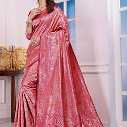 VASTRAAVEDAA Floral Woven Design Zari Saree With Blouse Piece-image-49