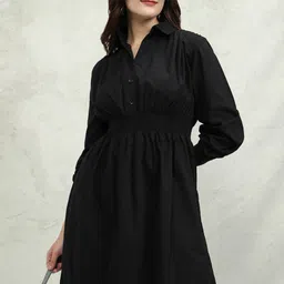 Tokyo Talkies Solid Shirt Collar Fit & Flare Mini Dress-image-49