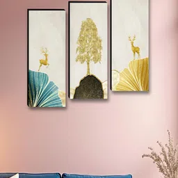 Myntra Elegant Homes White & Gold-Toned 3Pcs Tree Deer Floral & Botanical Wooden Wall Art image 2