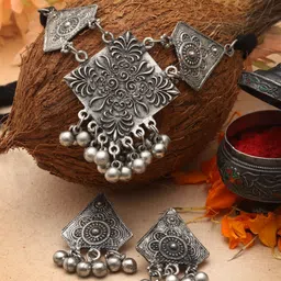 Moedbuille Silver-Plated Ghungroo-Studded Oxidised Jewellery Set-picture-39