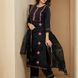 SANISA Women Ethnic Motifs Embroidered Regular Sequinned Kurta with Trousers & With Dupatta image 5