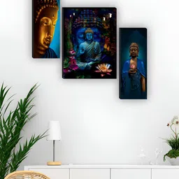 SAF Blue & Brown 3 Pieces Buddha Religious Printed Wooden Wall Art-image-10