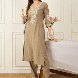 Indo Era Women Ethnic Motifs Embroidered Regular Thread Work Kurta with Trousers-picture-41