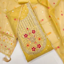 kalini Yellow Simmer Silk Jacquard With Codding Work Unstitched Dress Material image 4