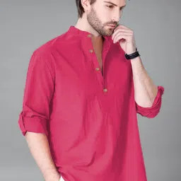 KNOWTED Band Collar Roll-Up Sleeves Straight Short Kurta image 5
