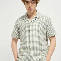 THE BEAR HOUSE Men Cuban Collar Micro Checked Cotton Casual Shirt image 2