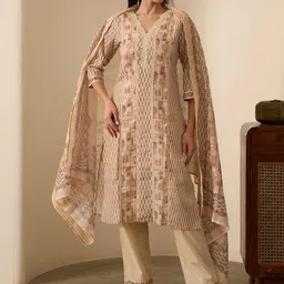 Anouk Ethnic Motifs Printed V-Neck Thread Work Linen Kurta & Trousers With Dupatta-picture-24