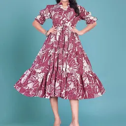 RUNAYA NX Floral Print Gathered or Pleated Puff Sleeve Crepe Fit & Flare Midi Dress-image-85