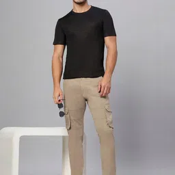 HO BINDAASS Men Solid Regular Fit Mid-Rise Easy Wash Cotton Cargos Trousers image 2