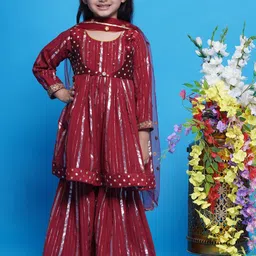 Little Bansi Girls Striped Thread Work Pure Cotton Anarkali Kurta With Sharara & Dupatta image 1