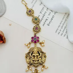 ABDESIGNS Gold-Plated Stone Studded and Beaded Temple Maang Tikka-image-5