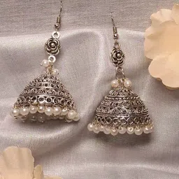HOPMEE Silver-Plated Pearls Beaded Dome Shaped Oxidised Jhumkas-picture-28