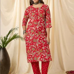 Katn India Women Floral Printed Regular Pure Cotton Kurta with Trousers & With Dupatta image 2