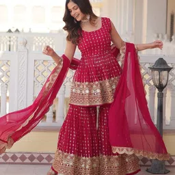 HERE&NOW Women Ethnic Motifs Embroidered Empire Gotta Patti Kurta with Sharara & With Dupatta image 4