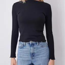 Trendyol Women Ribbed Boat Neck Long Sleeves Cotton Fitted Top image 2