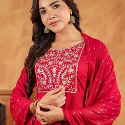 Janasya Floral Yoke Design Beaded Work Anarkali Kurta With Trousers & Dupatta-picture-35