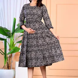 L.H HANDICRAFTS Women Floral Print Maternity Fit & Flare Midi Dress-image-47