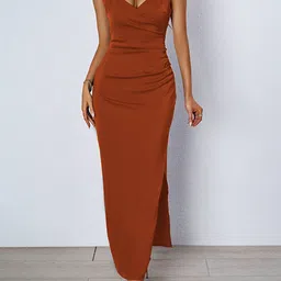 bebe Women Plunge Neck Side Slit Maxi Dress-picture-30