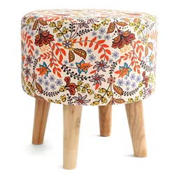 NACIA Beige & Orange Floral Printed Round Shape Wooden Ottomans image 5