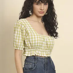 CORSICA Checked Puff Sleeve Peplum Crop Top image 5