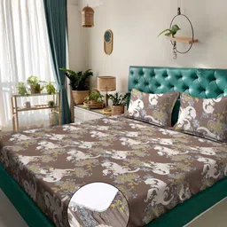 KLOTTHE Brown & Beige Floral Printed 300 TC Fitted King Bedsheet Set 2.50 m x 2.25 m-image-49