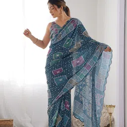 Kalista Ethnic Motifs Printed Mirror Work Pure Chiffon Saree image 5