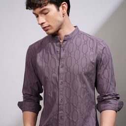 HIGHLANDER Men Band Collar Textured Cotton Casual Shirt-picture-32