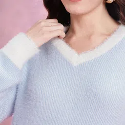 DressBerry Self Striped V-Neck Fuzzy Pullover image 5