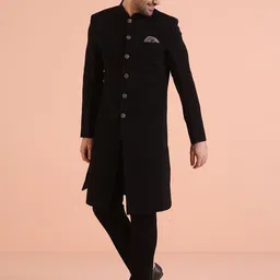 KISAH Men Black Indowestern Solid Sherwani Set image 3