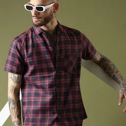 Voroxy Men Tartan Checks Spread Collar Relaxed Casual Shirt-picture-22