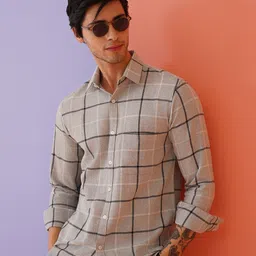 Indian Needle Men Classic Spread Collar Windowpane Checked Cotton Casual Shirt-image-93