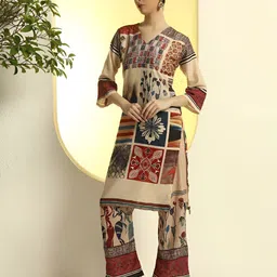 DAARI Printed V-Neck Straight Kurta With Trousers image 4