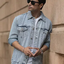 Powerlook Men Spread Collar Washed Washed Denim Jacket image 4