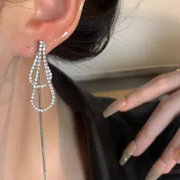 Krelin Silver-Plated Rhinestone Studded Teardrop Shaped Tasselled Drop Earrings image 2