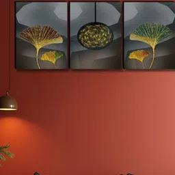 SAF Grey & Gold-Toned 3 Pieces Leafs Floral and Botanical Wooden Wall Arts image 2