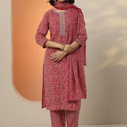 Libas Women Pink Ethnic Motifs Printed Regular Thread Work Straight Kurta Sets-picture-37