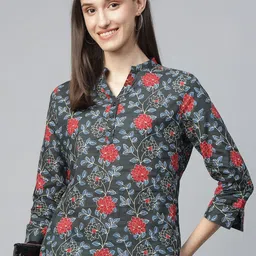 Hancock Women Floral Printed Mandarin Collar Pure Cotton Formal Top-image-0