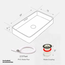 clayramic Premium Ceramic Washbasin With Waste Coupling & Pipe Set ) (24x13x5)(M-White) Table Top Basin image 4