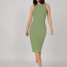 CILIMILI Green Solid Round Neck Stretchable Midi Bodycon Dress-picture-37