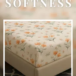 bsb home Orange & White Floral Printed 210 TC Fitted Bedsheet Set 1.82 m x 1.72 m image 5