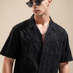 HIGHLANDER Men Cuban Collar Textured Cotton Relaxed Fit Casual Shirt-picture-21